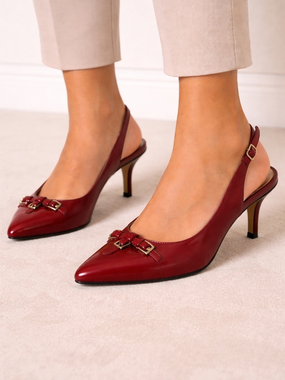 Oscar de la Renta Burgundy Slingback Pointed-Toe Kitten Heels with Gold Buckles